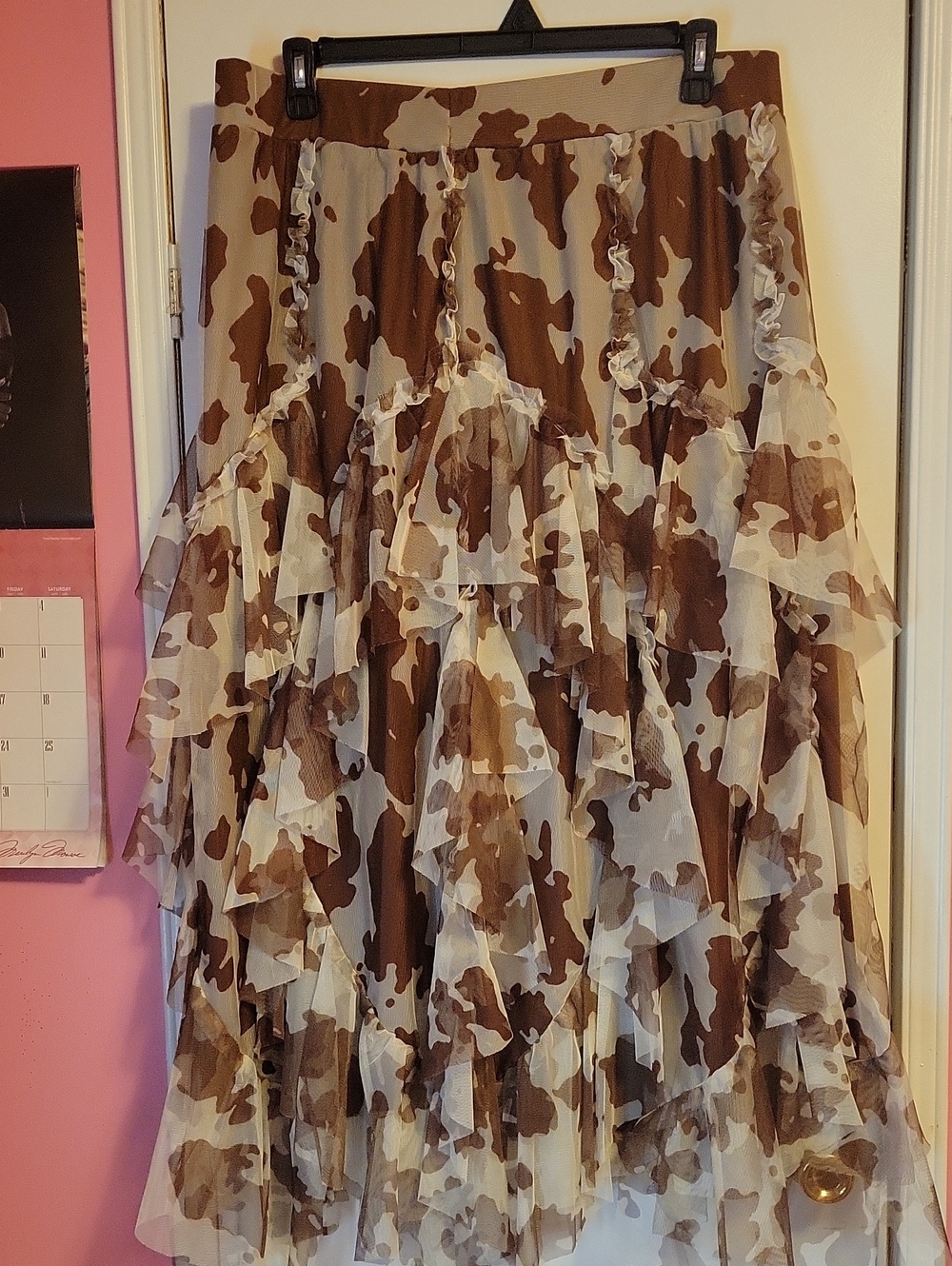 Cato Brown and Cream Tiered Ruffle Cow Print Maxi Skirt